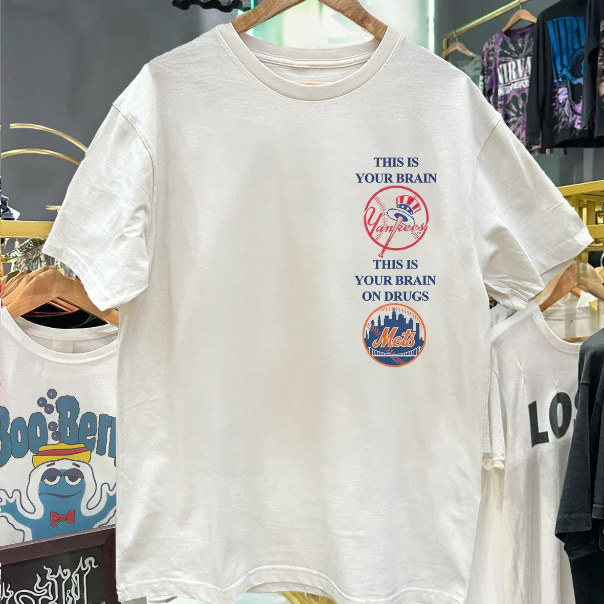 NY YANKEES BRAIN ON DRUGS WASHED WHITE T-SHIRT