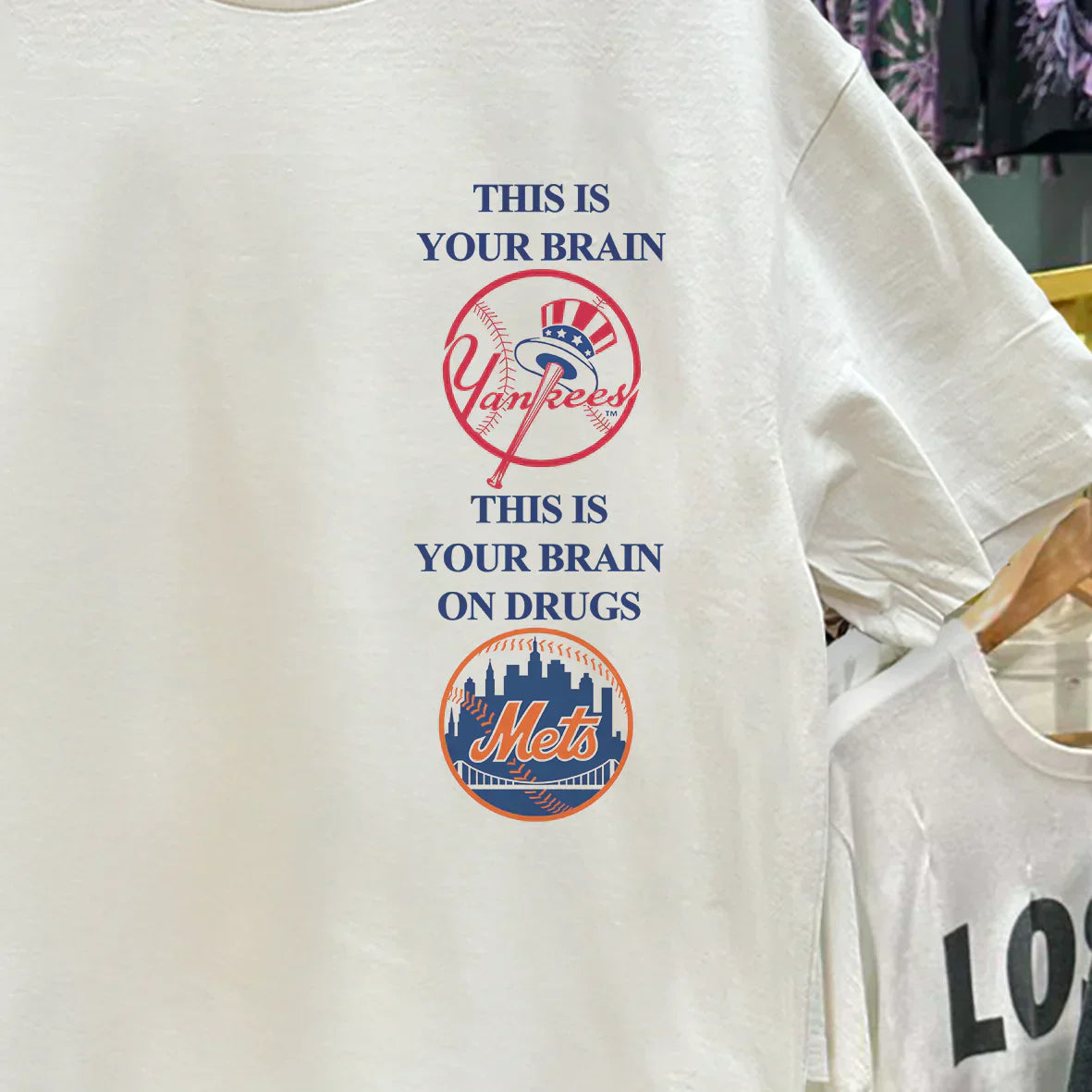 NY YANKEES BRAIN ON DRUGS WASHED WHITE T-SHIRT