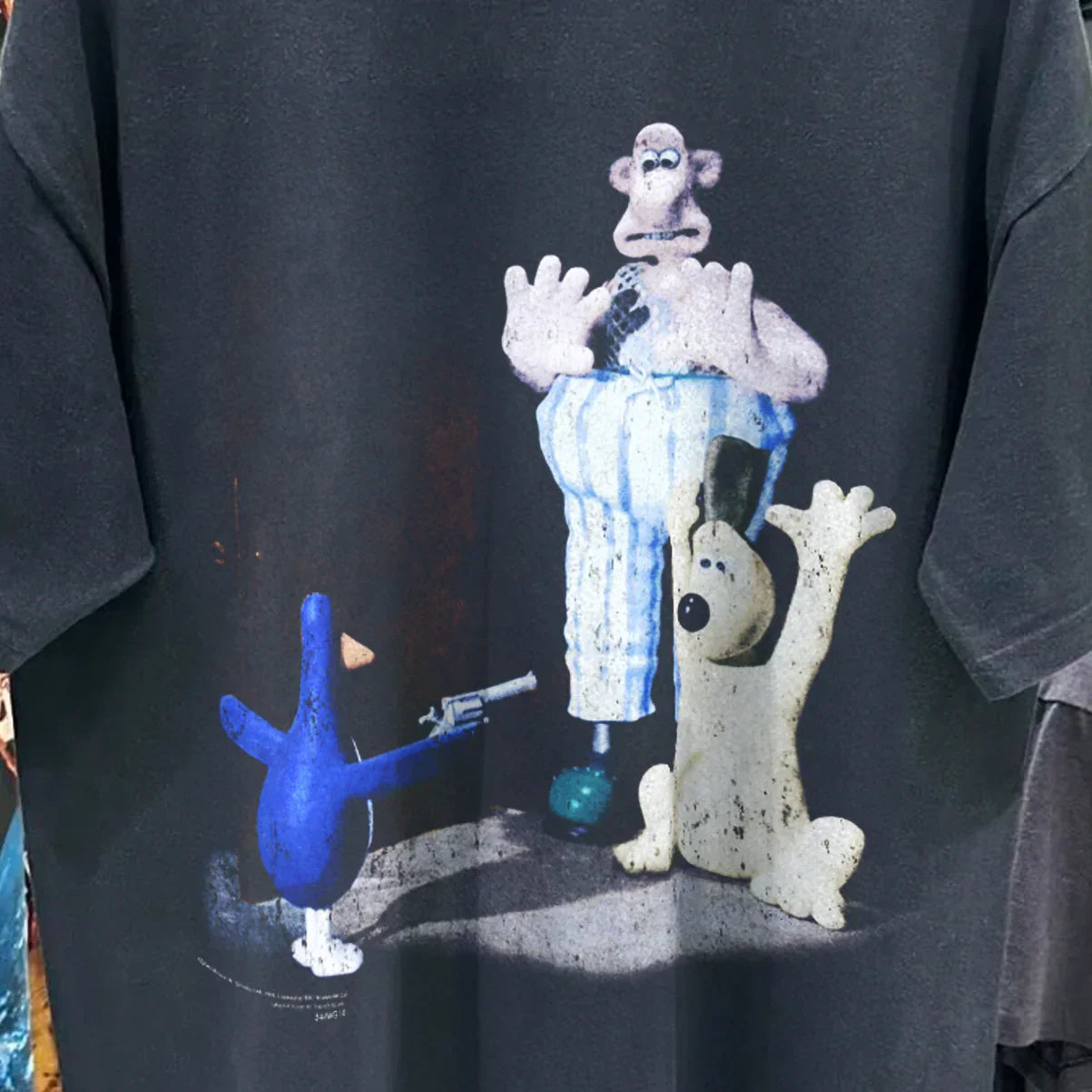 1993 WALLACE AND GROMIT 'THE WRONG TROUSERS' PROMO RARE WASHED BLACK T-SHIRT